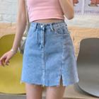 Slited A-line High-waist Denim Skirt
