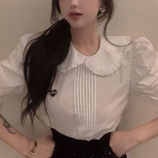 Puff-sleeve Pintuck Blouse / Mini Pencil Skirt