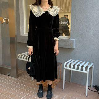 Long-sleeve Frill Trim Collar Midi A-line Dress Black - One Size