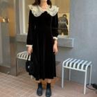 Long-sleeve Frill Trim Collar Midi A-line Dress Black - One Size