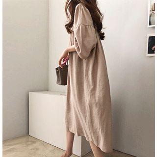 Open-placket Shirred-trim Midi Dress