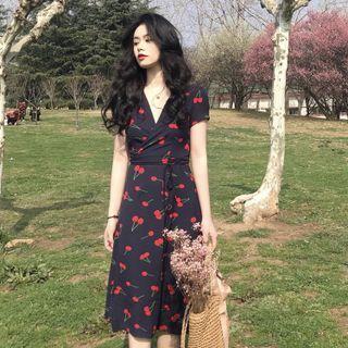 Short-sleeve Cherry Print Tie-waist Midi A-line Dress
