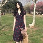 Short-sleeve Cherry Print Tie-waist Midi A-line Dress