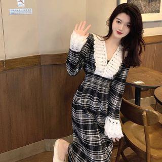 V-neck Lace Plaid A-line Dress