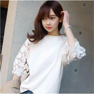 3/4-sleeve Flower Detail T-shirt