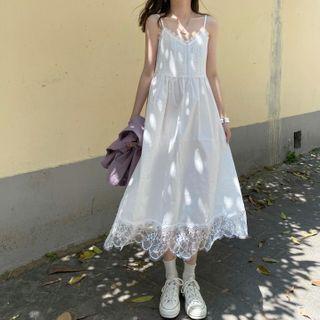 Spaghetti Strap Lace A-line Midi Dress White - One Size