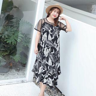 Short-sleeve Printed Mesh Panel Midi Dress