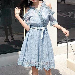 Elbow-sleeve Cold-shoulder A-line Lace Dress