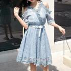 Elbow-sleeve Cold-shoulder A-line Lace Dress
