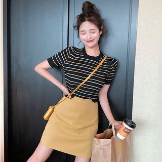 Short-sleeved Striped Top / Plain Skirt