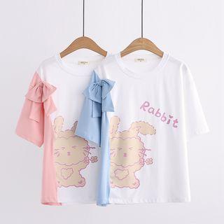 Elbow-sleeve Rabbit Print Two-tone T-shirt