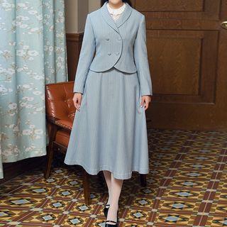 Set: Pinstripe Double-breasted Blazer + Midi A-line Skirt