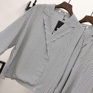 Striped 3/4-sleeve Chiffon Blouse Blue - One Size