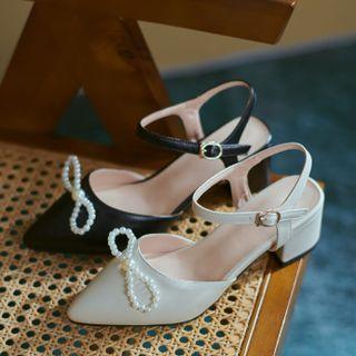 Faux Pearl Pointy-toe Chunky Heel Sandals