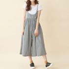 Set: Crew-neck Short-sleeve T-shirt + Wide-leg Jumper Pants T-shirt - White - One Size / Jumper Pants - Black - One Size