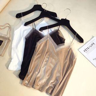 Spaghetti Strap Mesh Trim Velvet Top