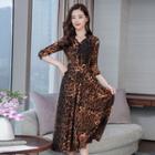 Leopard 3/4-sleeve A-line Midi Dress