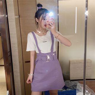 Short-sleeve Lettering T-shirt / Mini A-line Suspender Skirt
