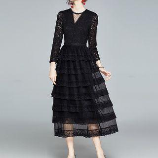 Lace Trim Long-sleeve Tiered Midi Dress