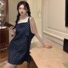 Heart-print Denim Mini Overall Dress Dark Blue - One Size