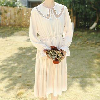 Collared Bell-sleeve Accordion Pleat Midi Chiffon Dress