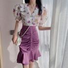 Floral Print Chiffon Blouse / Shirred Pencil Skirt