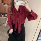Lantern-sleeve Tie Neck Plaid Chiffon Shirt