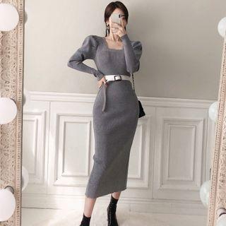 Puff-sleeve Ribbed Midi Knit Dress