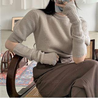 Set: Elbow-sleeve Mock-neck Knit Top + Arm Sleeves