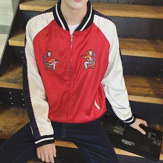 Embroidered Color Block Bomber Jacket