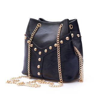 Studded Chained Faux Leather Bucket Bag