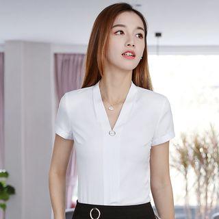 V-neck Short-sleeve Top / Plain Pencil Skirt / Striped Straight-cut Pants