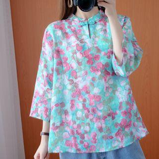 3/4-sleeve Floral Print Frog-buttoned Top Green & Red - One Size
