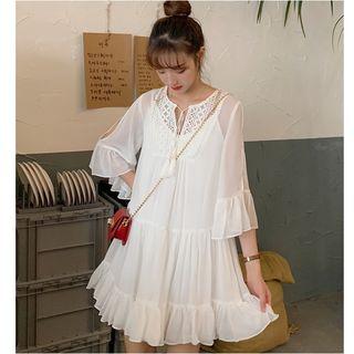 3/4-sleeve Perforated Paneled Frill Trim Mini Dress