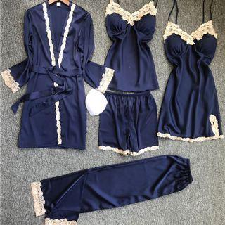 Loungewear Set : Lace Trim Suspender Sleep Dress + Camisole Top + Shorts + Pants + Robe