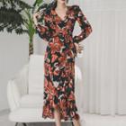 Flower Print Ruffle Trim Long-sleeve Midi Dress