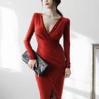 Long-sleeve Deep V-neck Bodycon Dress