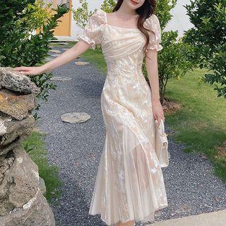 Puff-sleeve Square Neck Mesh Maxi Sheath Dress