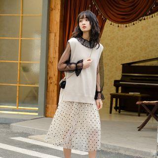 Long-sleeve Mesh Top / Knit Vest / Dotted Midi Mesh Skirt