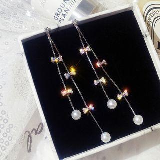 Faux Pearl Rhinestone Bow Fringed Earring As Shown In Figure - One Size