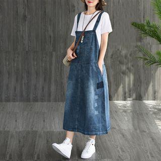 A-line Midi Denim Dungaree Dress Blue - One Size