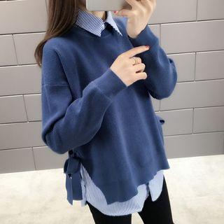 Striped Shirt + Tie Accent Split Hem Knit Top