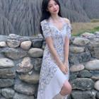 Short-sleeve Halter Neck Floral Midi A-line Dress