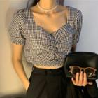 Short-sleeve Plaid Top Black - One Size