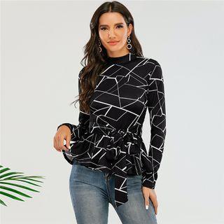 Long Sleeve Geometric Pattern Peplum Blouse
