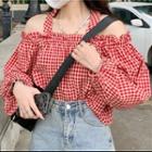 Long-sleeve Thick Strap Off-shoulder Plaid Loose Fit Crop Top As Shown In Figure - One Size
