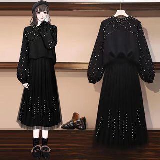 Faux Pearl Blouse / Midi A-line Skirt / Set