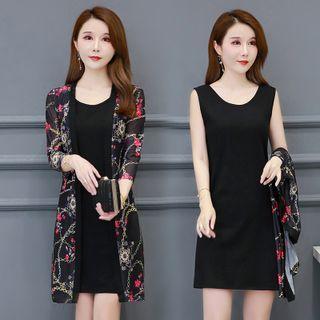3/4-sleeve Print Mesh Light Jacket / Sleeveless Mini Sheath Dress