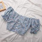 Flower Print Off-shoulder Crop Top Blue - One Size