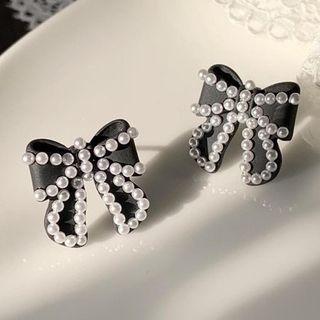 Faux Pearl Ribbon Stud Earring / Clip-on Earring